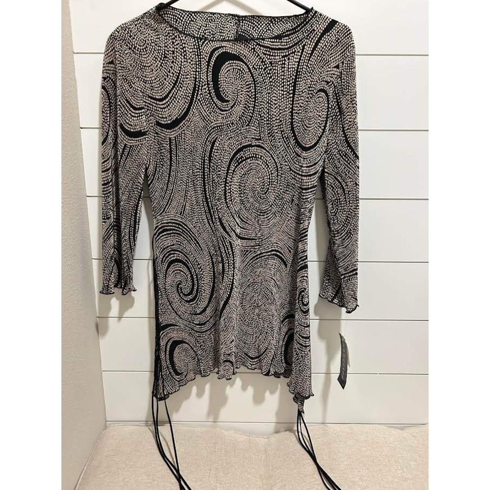 Camel Black Swirl Dot Pleated Blouse/ Dress Corset Back Size 10P NEW Vamp Goth